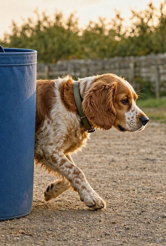Chien qui passe derriere un bidon
